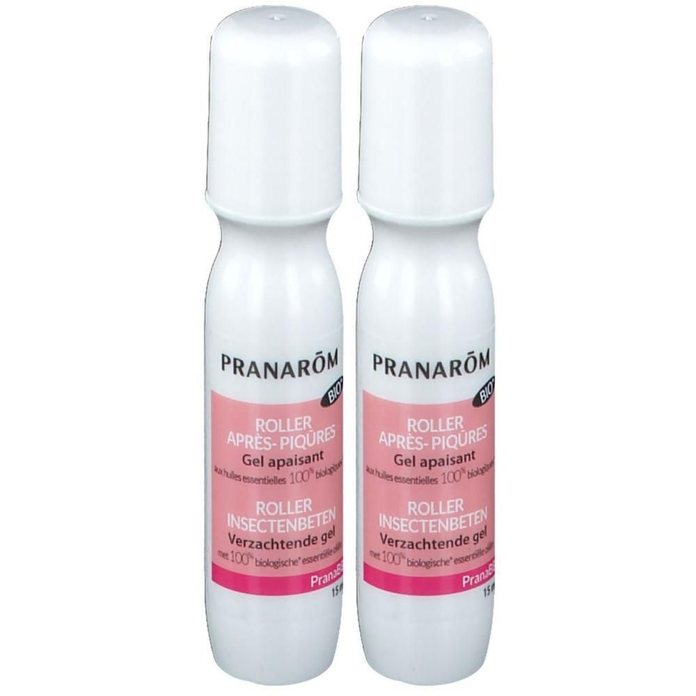 Deux rollers blancs avec bouchon. Inscription: Pranarôm, Roller Après-piqûres, Gel apaisant. Certification bio.