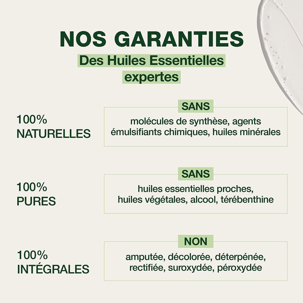 Garantien für ätherische Öle: 100% natürlich, rein, integral. Frei von synthetischen Molekülen, chemischen Emulgatoren, Mineralölen, Terpentin.