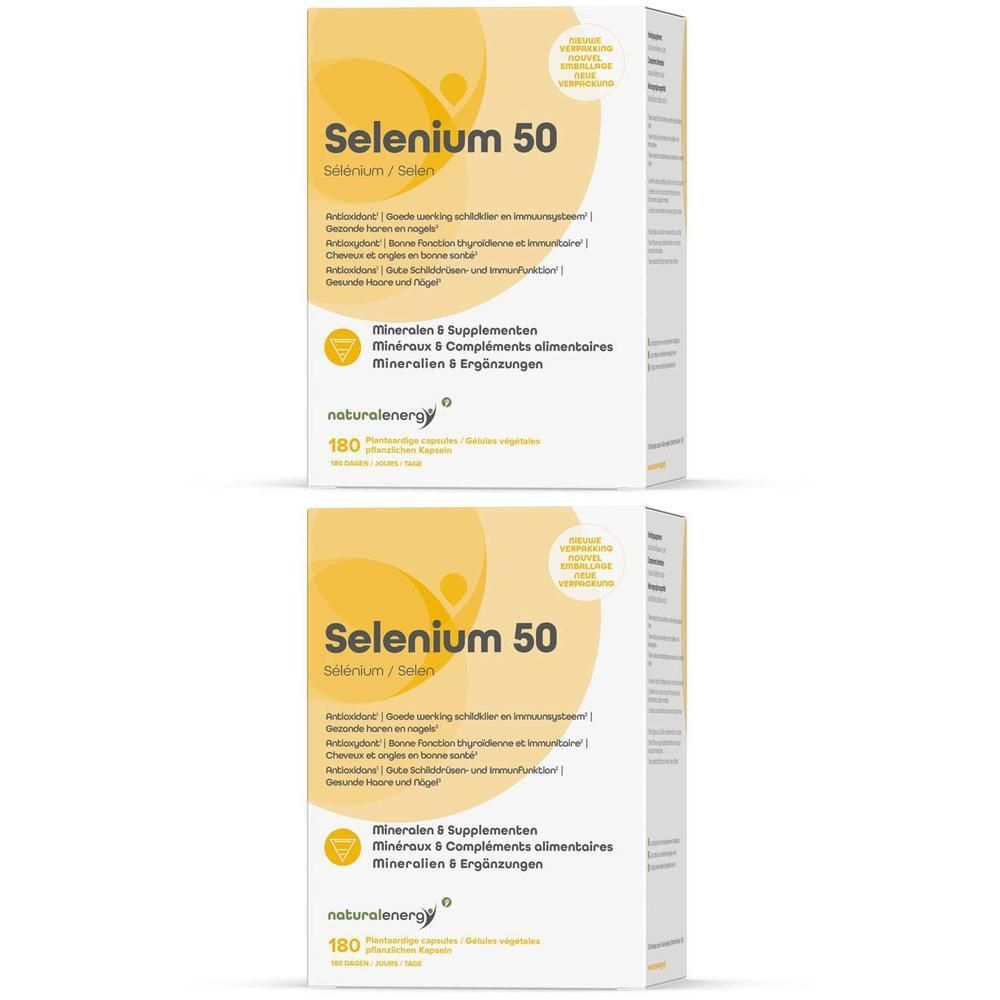 Zwei Packungen "Natural Energy Selenium 50" Nahrungsergänzungsmittel. Weiße Kartons mit gelben Kreisen und Produktinformationen.
