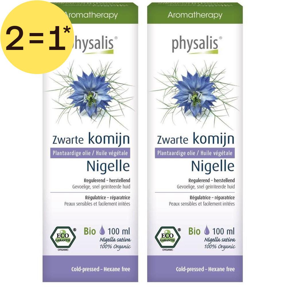 Deux flacons d'huile Physalis Nigelle. Bouteilles en verre noir avec étiquette et bouchon vert. Certification Bio.