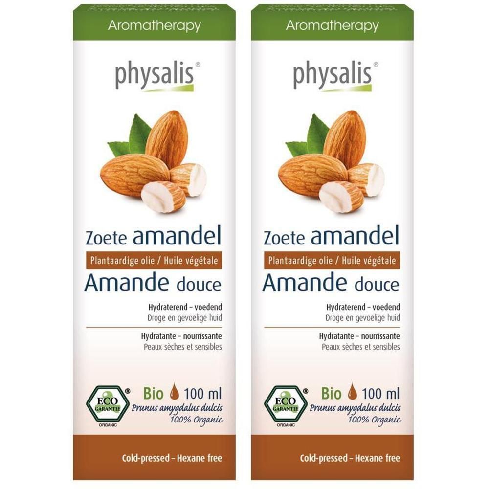 Deux flacons d'huile d'amande douce physalis®, Bio, pressée à froid. Avec amandes et feuilles.
