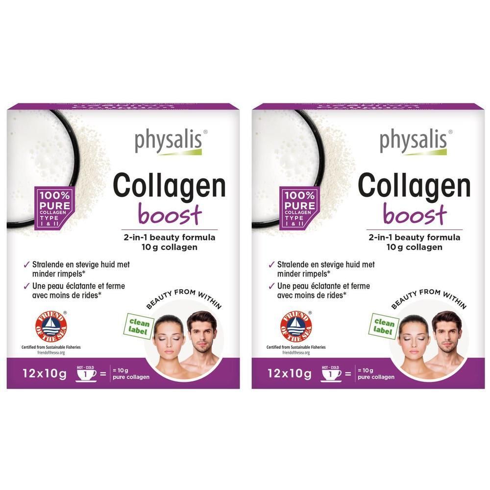 Zwei Packungen physalis® Collagen Boost, 2-in-1 Beauty-Formel, 10g Kollagen pro Beutel.