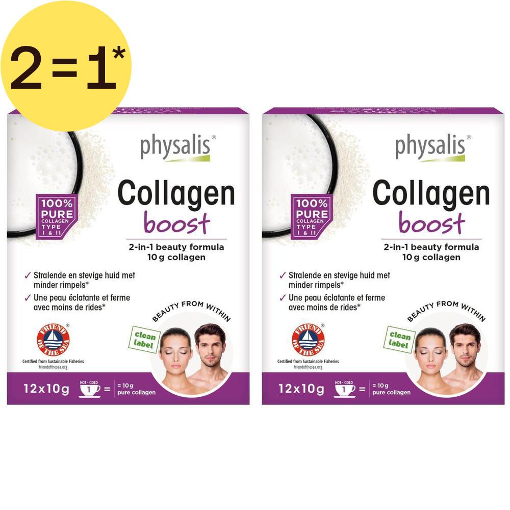 Deux paquets de physalis® Collagen Boost, formule beauté 2-en-1, 10g de collagène par sachet.