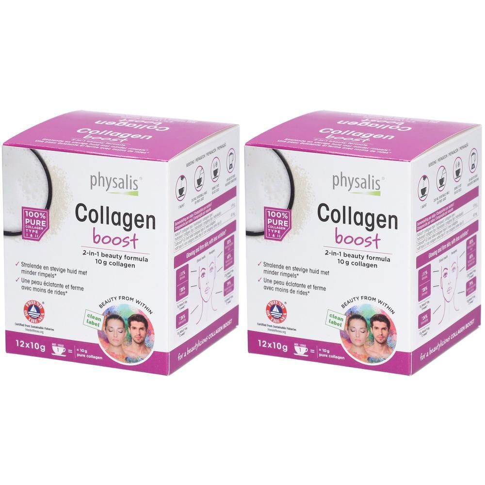 Zwei Packungen physalis® Collagen Boost, 2-in-1 Beauty-Formel, 12x10g.