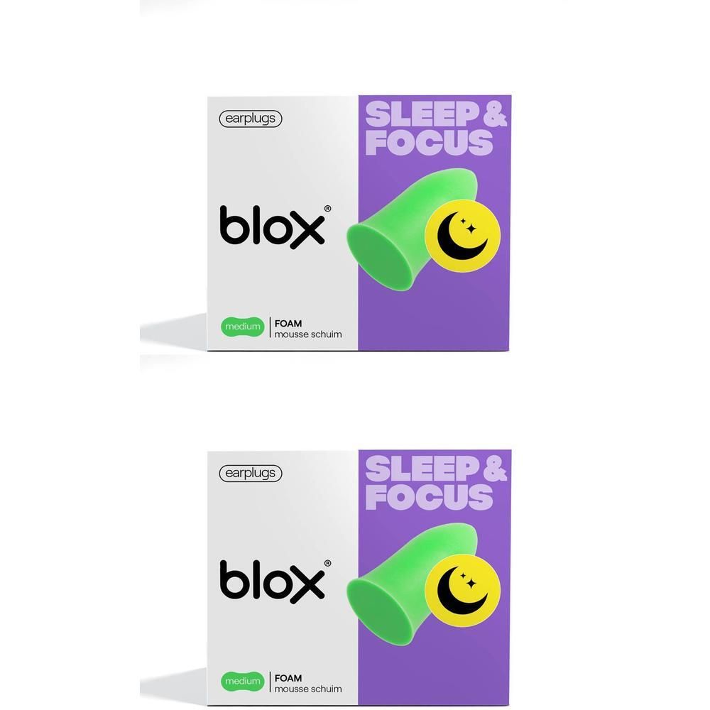 Verpackung für blox® Sleep & Focus Schaum-Ohrstöpsel, Medium, Grün.