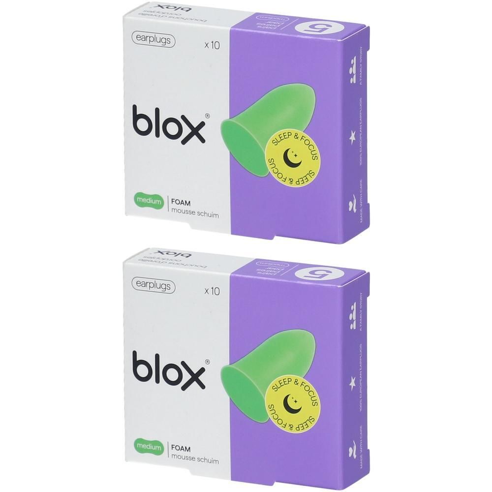 Zwei Packungen blox® Schaumstoff-Ohrstöpsel, Medium, Grün.