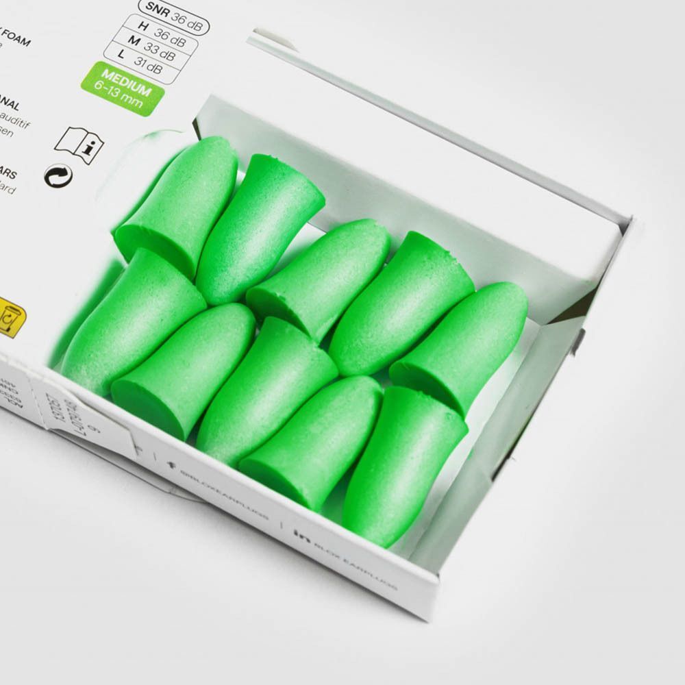 Box mit zehn grünen Schaum-Ohrstöpseln, Medium.