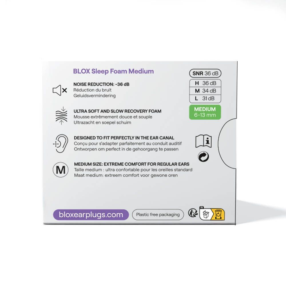 Rückseite der Verpackung für blox® Sleep & Focus Ohrstöpsel mit Details.