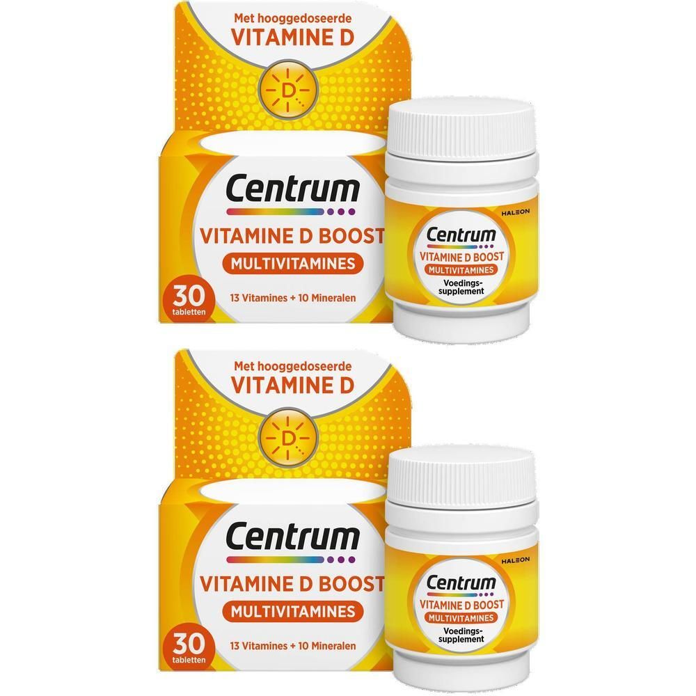Zwei Packungen Centrum Multivitamine mit je 30 Tabletten und eine Flasche mit Nahrungsergänzungsmitteln.