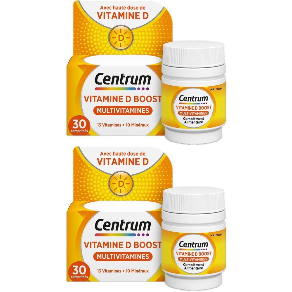Deux boîtes de Centrum Multivitamines, 30 comprimés chacune, et une bouteille de complément alimentaire.