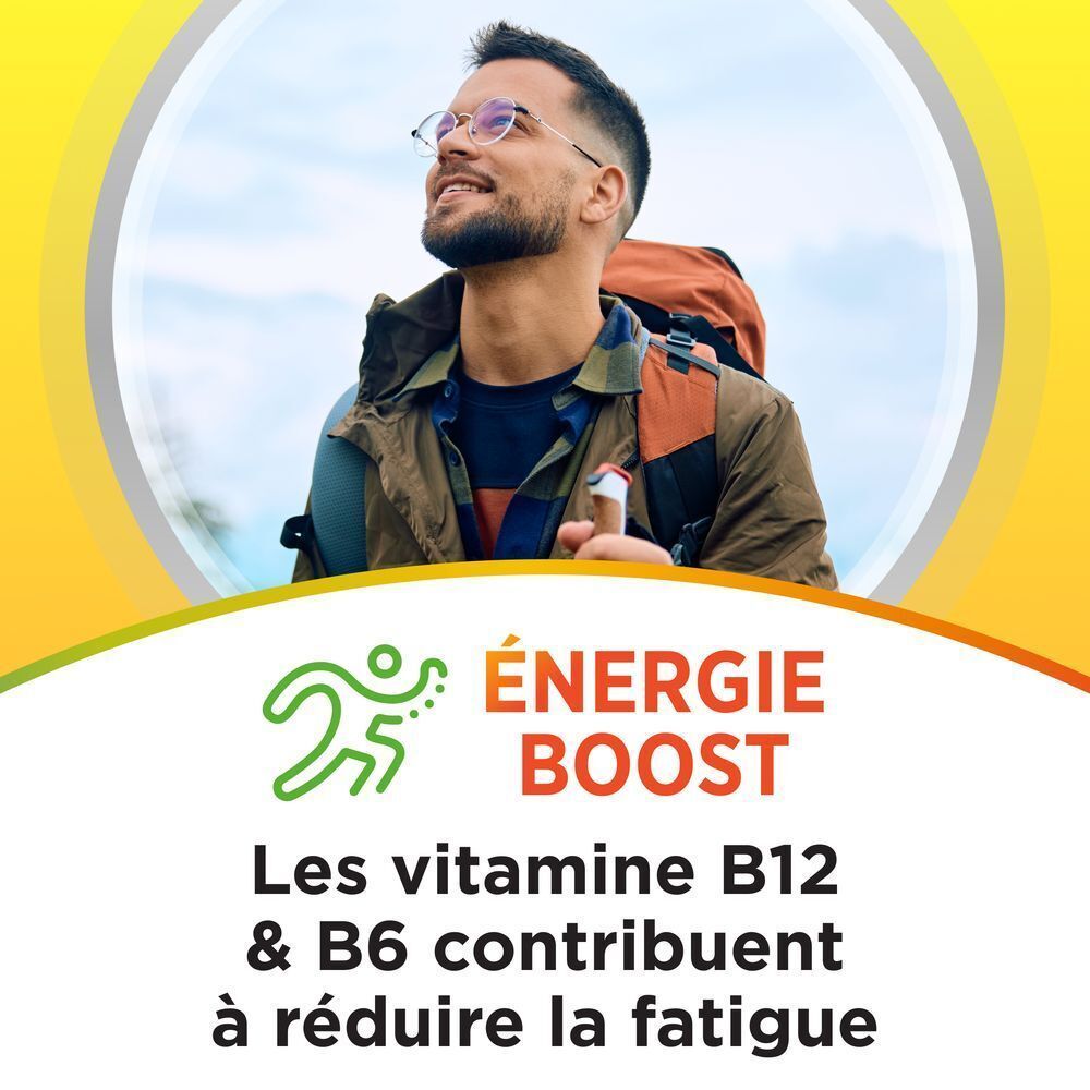 Une femme souriante, texte sur l'immunité et 3x plus de vitamine D pour le système immunitaire.