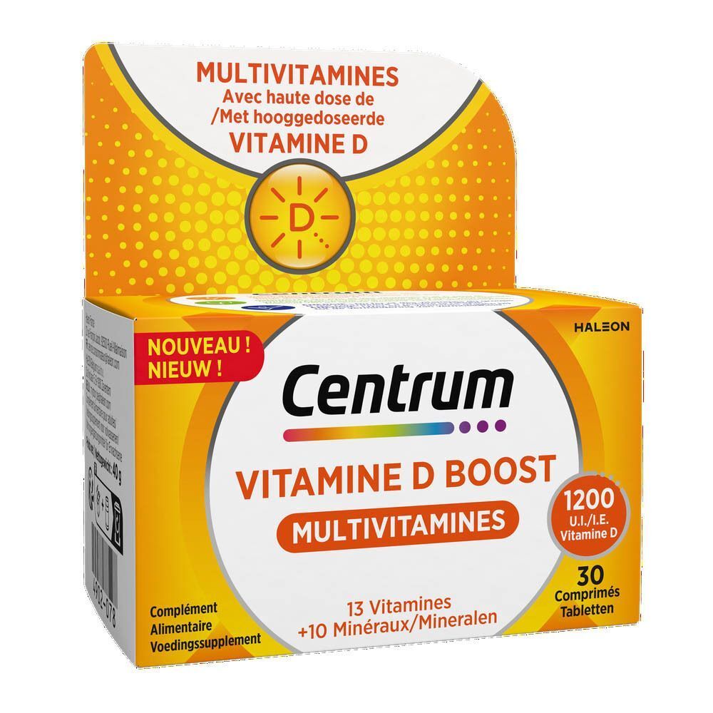 Boîte de Centrum Vitamine D Boost Multivitamines, 30 comprimés, 1200 UI de vitamine D.