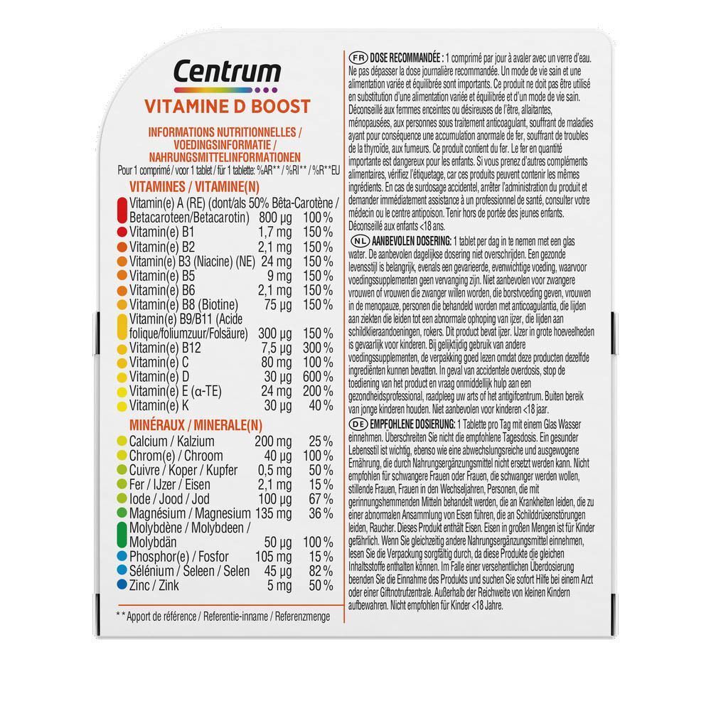 Arrière d'une boîte Centrum Vitamine D Boost Multivitamines avec informations nutritionnelles.