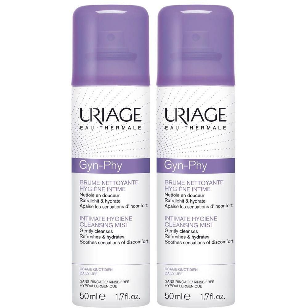 Deux sprays Uriage Gyn-Phy avec autocollant 1+1 gratuit. Bouchons violets, étiquettes blanches. 50ml, 1.7 fl.oz.