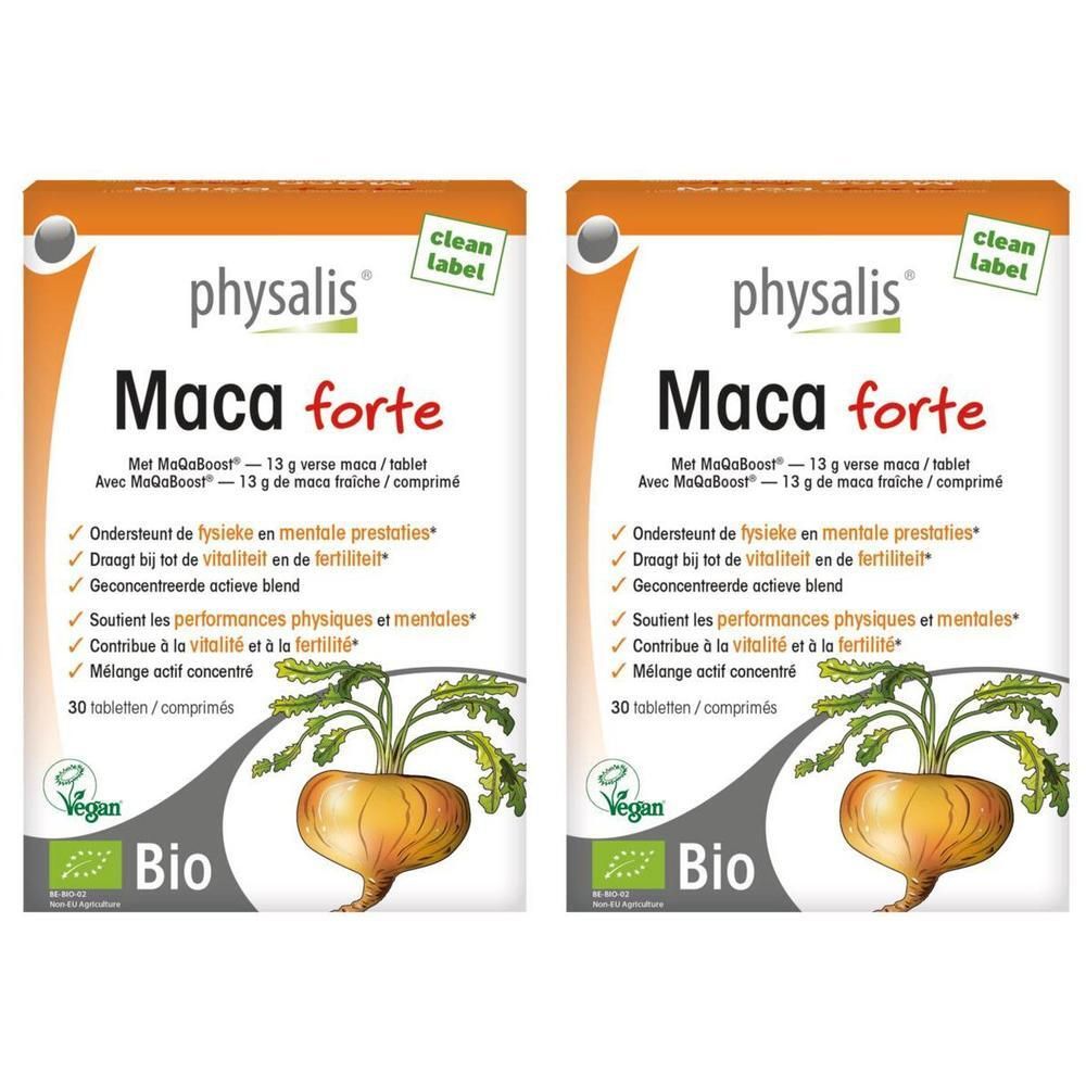 Zwei Packungen Physalis Maca Forte mit je 30 Tabletten. Abgebildet ist eine Maca-Wurzel.