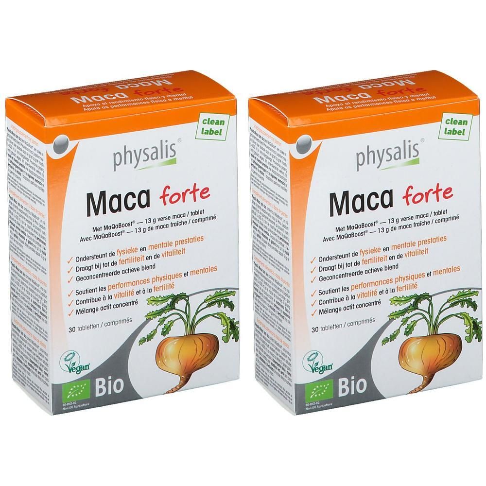 Deux paquets de physalis® MACA FORTE avec illustration de racine de maca. Labels "Vegan" et "Bio".