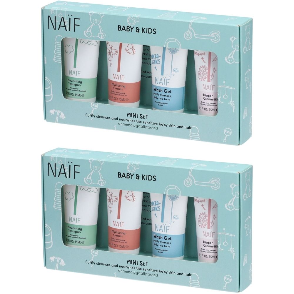 Mini-set NAÏF pour bébé et enfants avec quatre produits de soin en tubes : Crème Nourrissante, Gel Lavant et Crème pour le change.