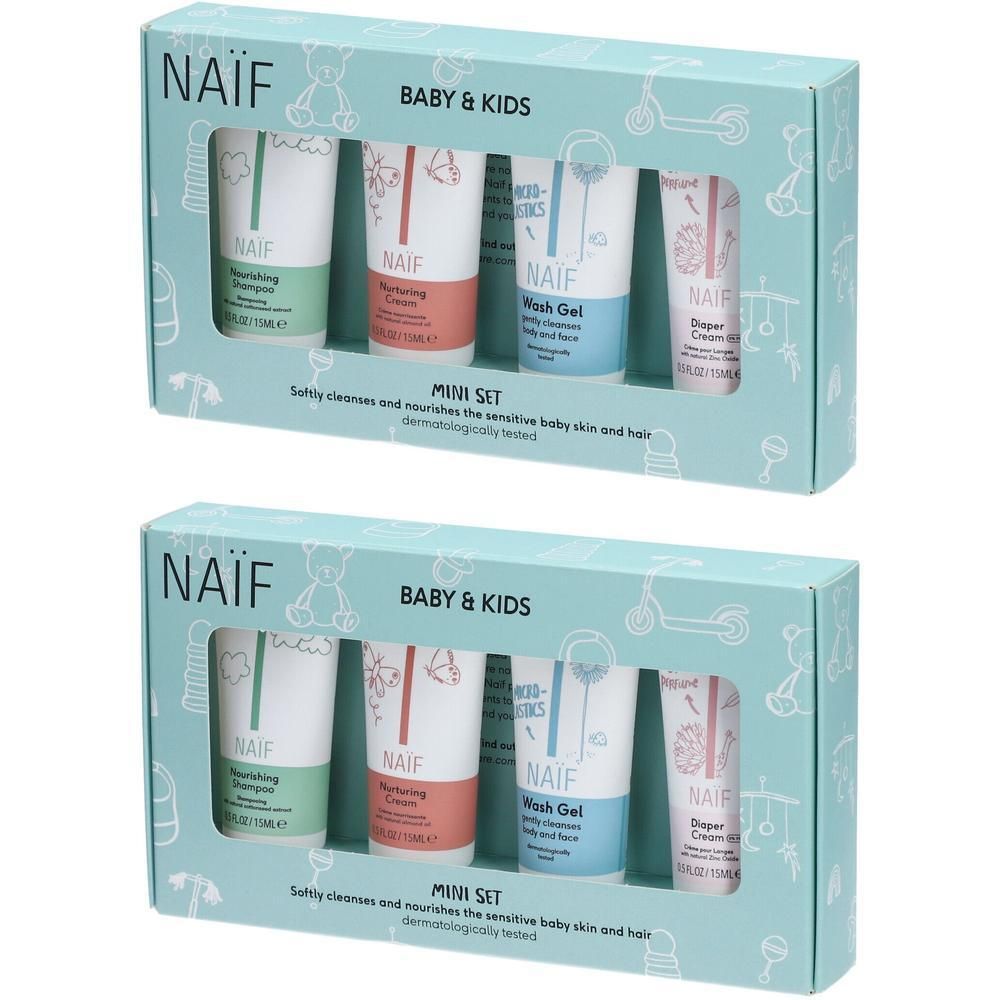 Mini-set NAÏF pour bébé et enfants avec quatre produits de soin en tubes : Crème Nourrissante, Gel Lavant et Crème pour le change.
