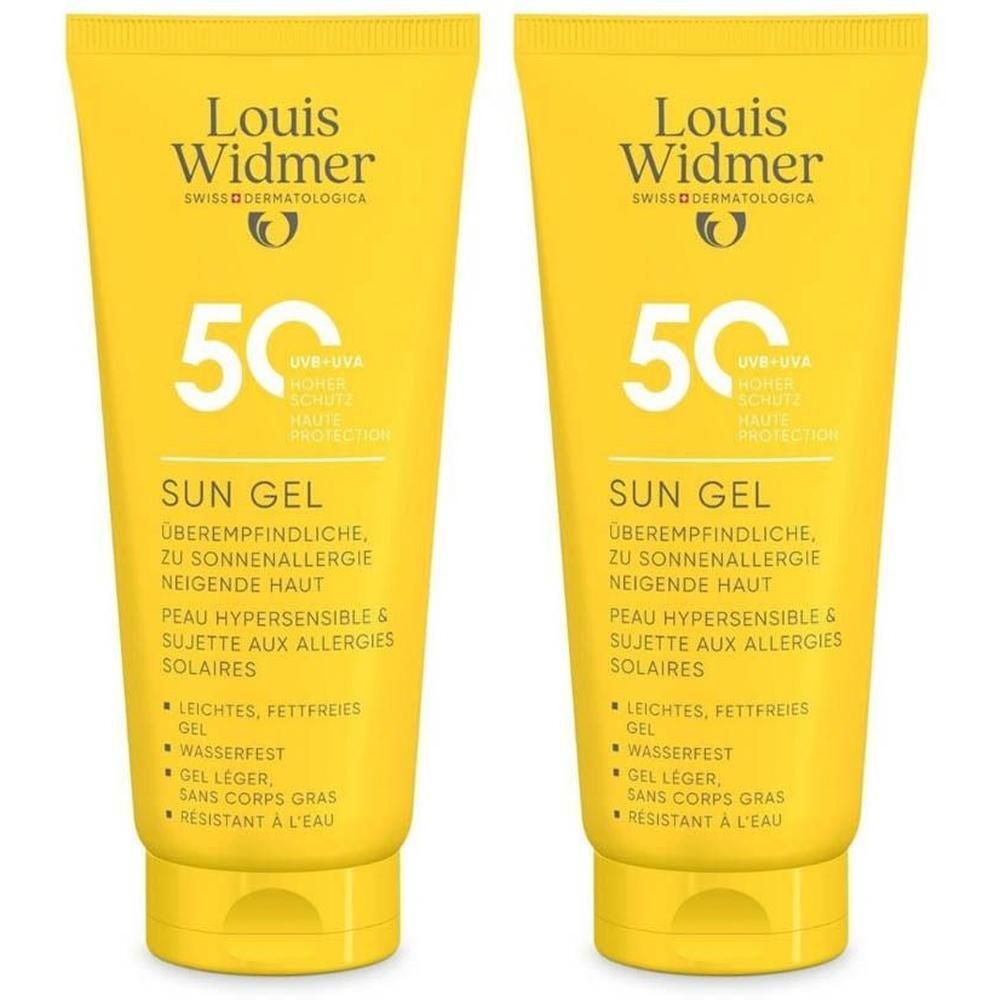 Deux tubes jaunes de Louis Widmer Sun Gel SPF50 avec inscription blanche et symbole solaire.