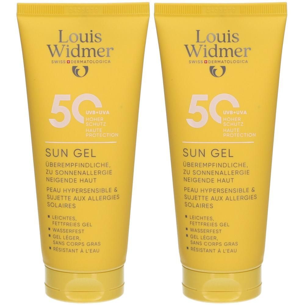 Deux tubes jaunes de Louis Widmer Sun Gel SPF50 avec inscription blanche et symbole solaire.