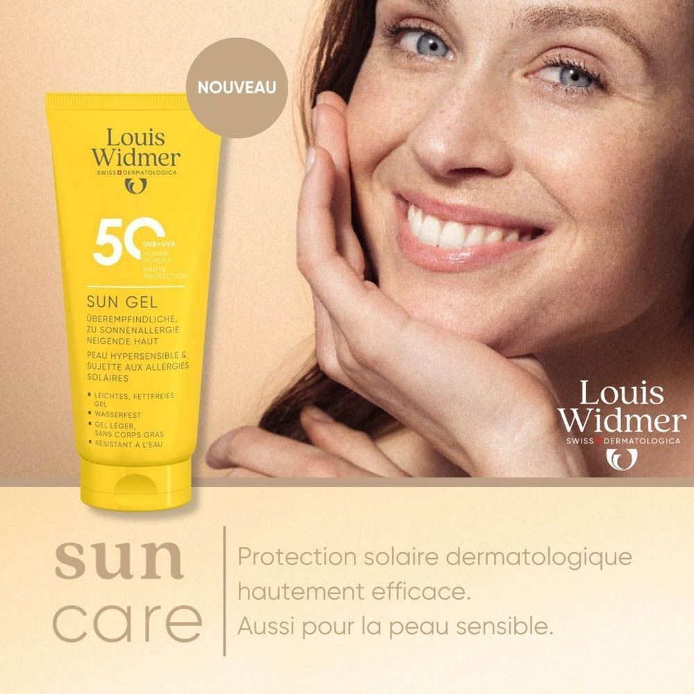 Tube jaune Louis Widmer Sun Gel SPF50. "Nouveau Design" et "Formule éprouvée" sur cercle brun.