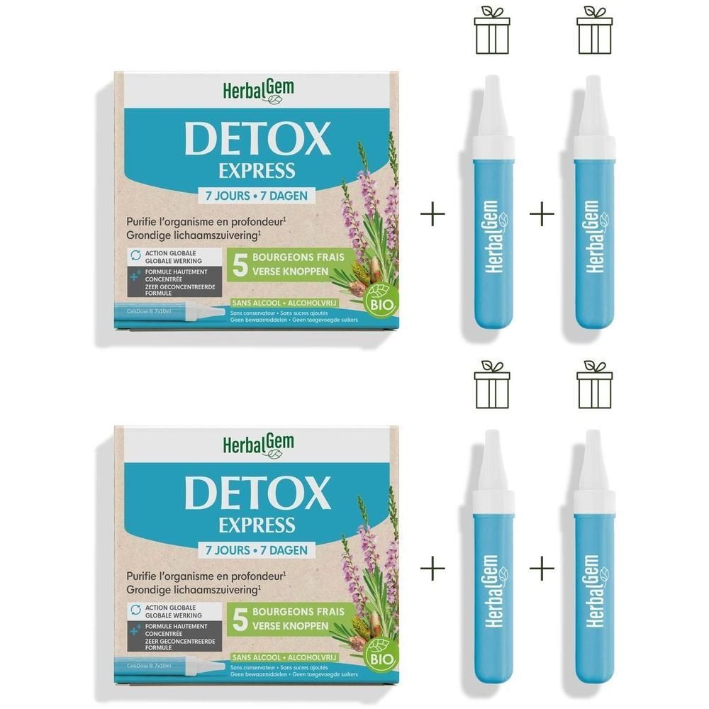 Zwei Packungen HerbalGem Detox Express mit je 5 Ampullen. Mit "Bio"-Siegel.