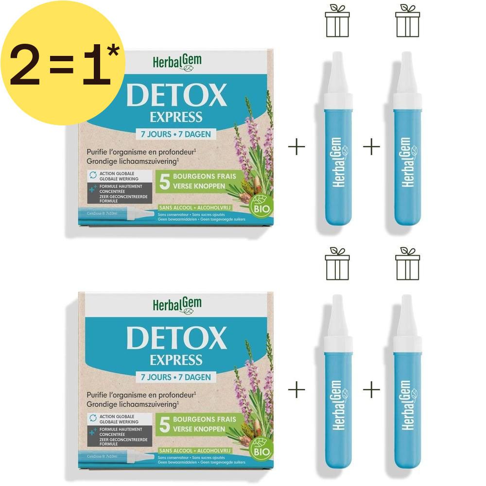 Deux boîtes HerbalGem Detox Express, chacune avec 5 ampoules. Sceau "Bio".