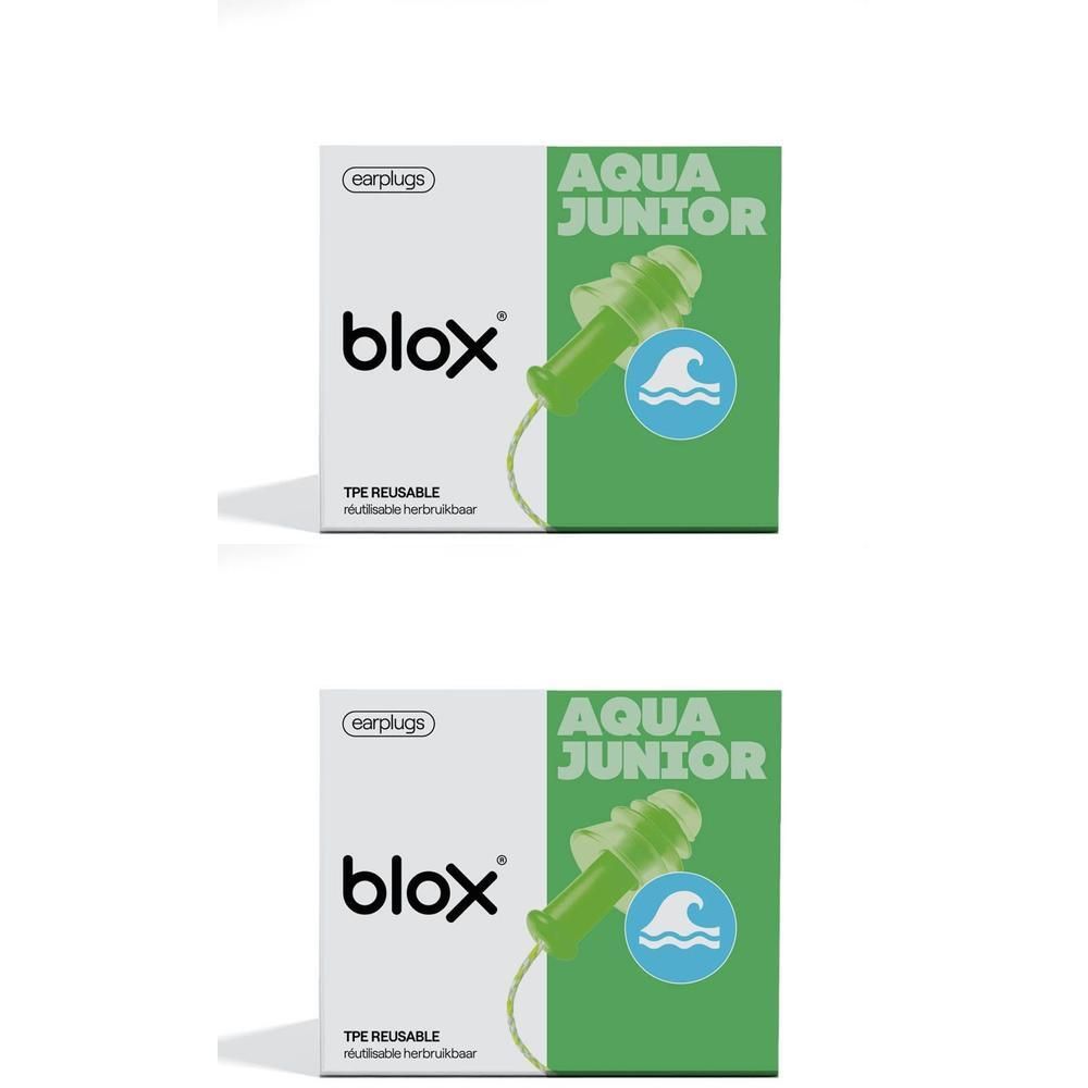 Zwei Packungen Blox Aqua Junior Ohrstöpsel für Kinder. Wiederverwendbar, aus TPE.