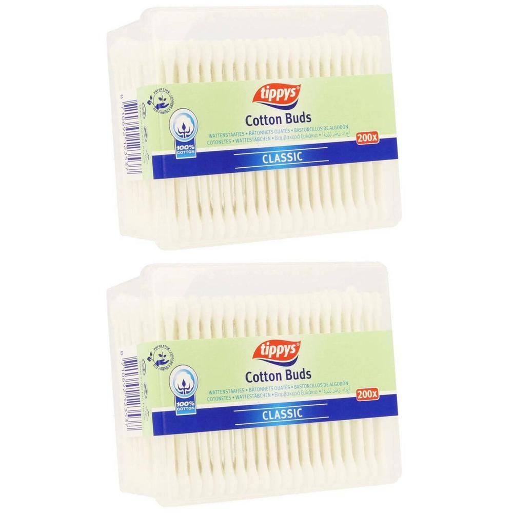 Deux paquets de cotons-tiges tippys® Classic, 200 pièces chacun.