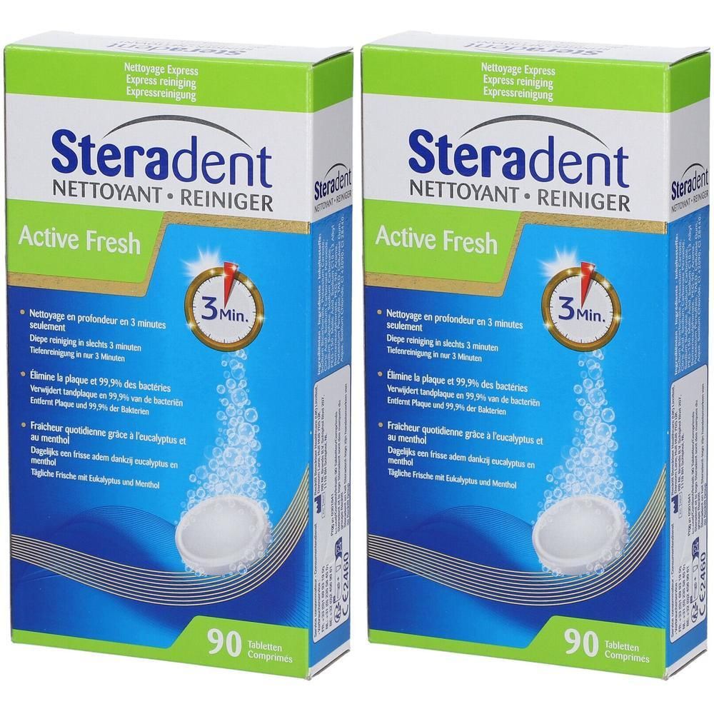 Zwei Packungen Steradent Active Fresh Reinigungstabletten, 90 Tabletten pro Packung.