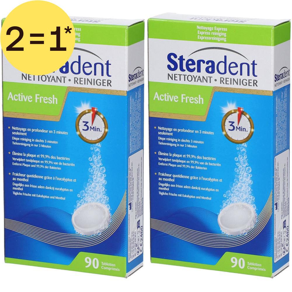 Deux paquets de comprimés nettoyants Steradent Active Fresh, 90 comprimés par paquet.