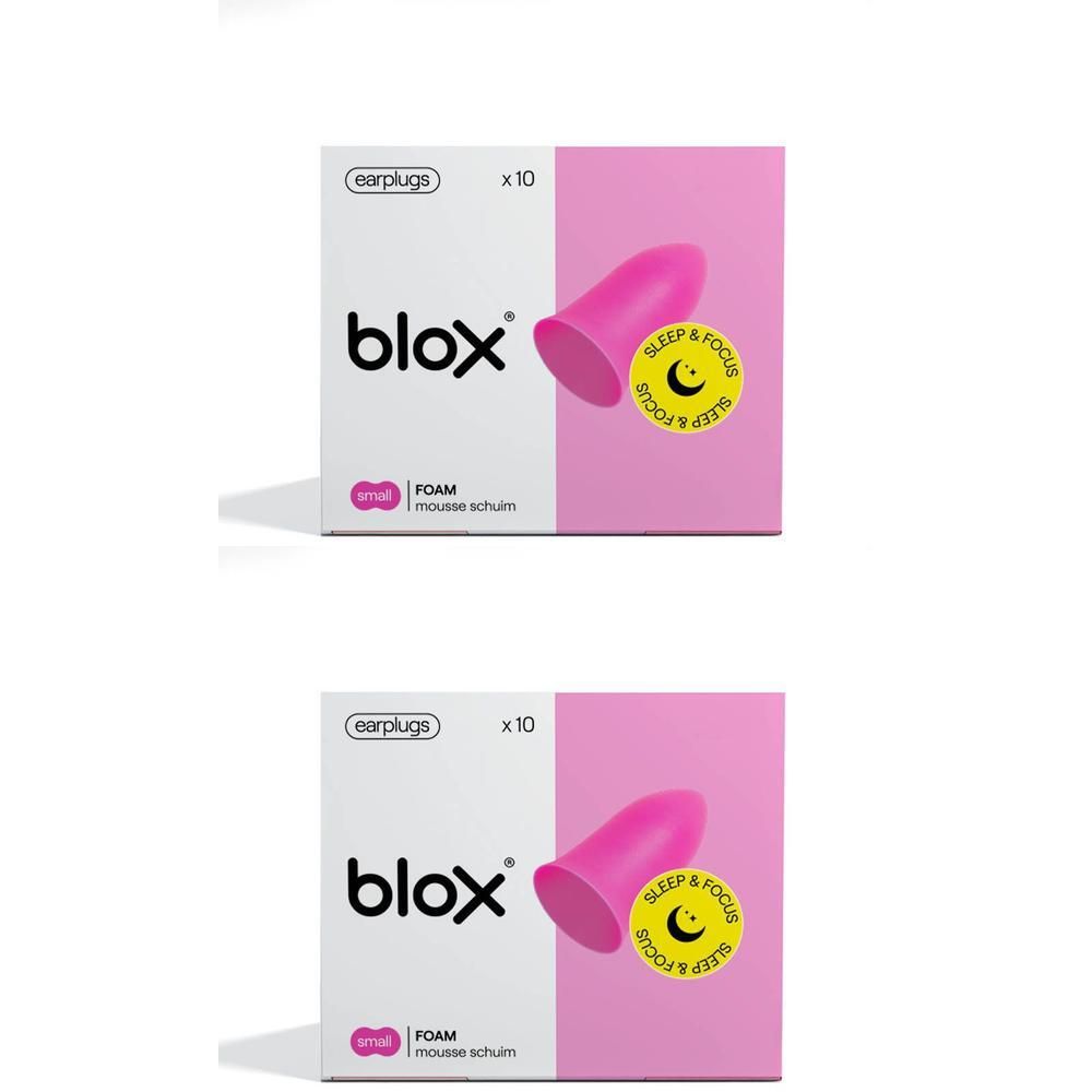 Zwei Packungen blox® Schaumstoff-Ohrstöpsel, klein, rosa.