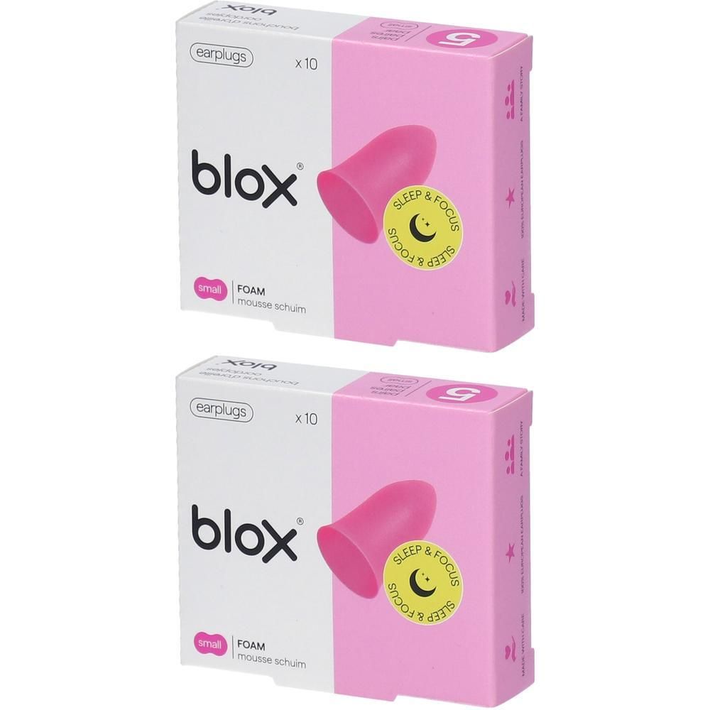 Zwei Packungen blox® Schaumstoff-Ohrstöpsel, klein, rosa.