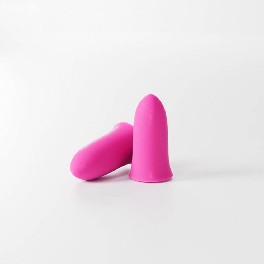 Zwei rosa blox® Schaumstoff-Ohrstöpsel, klein, in einer geöffneten Packung.