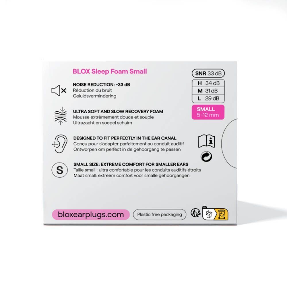 Rückseite einer Packung blox® Schaumstoff-Ohrstöpsel, klein, mit Produktinformationen.