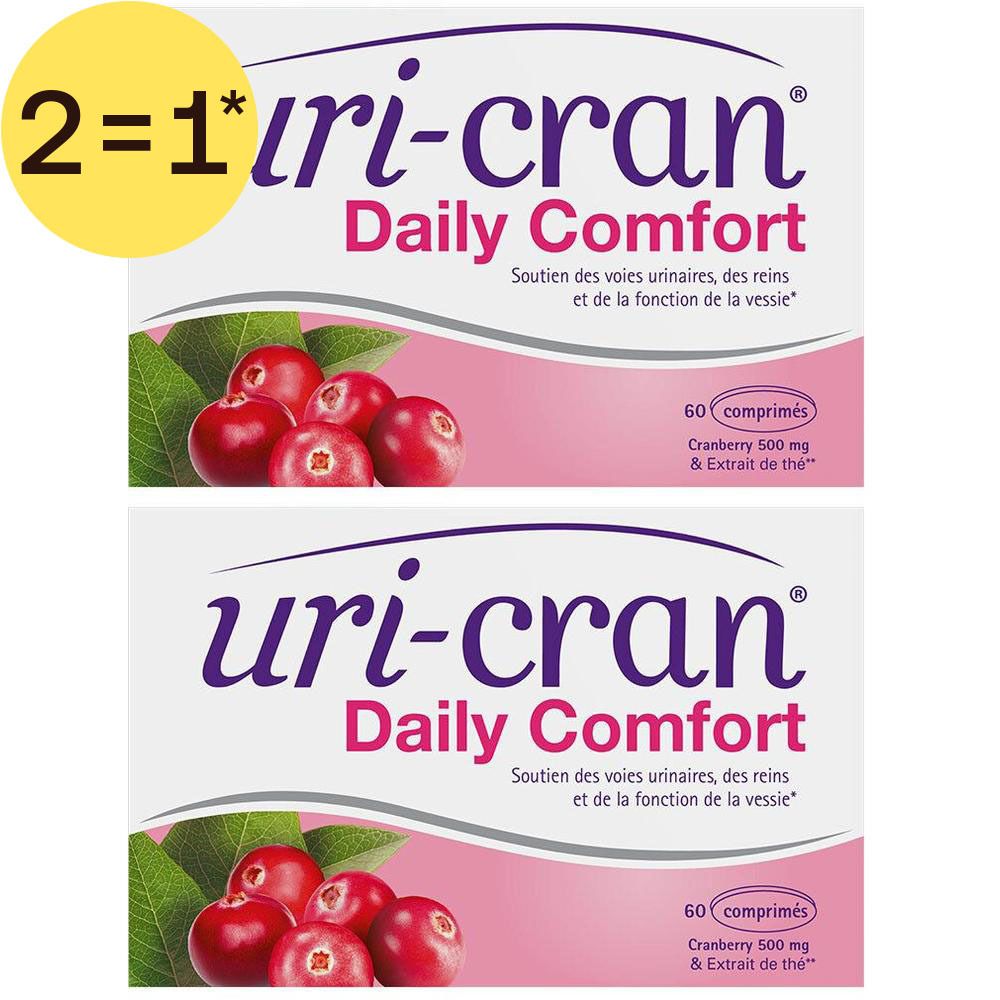 Deux boîtes de Uri-Cran Daily Comfort aux canneberges. Chaque boîte contient 60 comprimés.