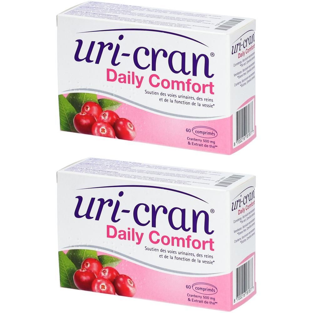 Zwei Packungen Uri-Cran Daily Comfort mit Cranberries und grünen Teeblatt-Extrakt.