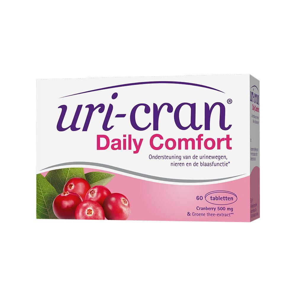 Packung Uri-Cran Daily Comfort mit Cranberries. Enthält 60 Tabletten, Cranberry 500 mg & Grüntee-Extrakt.