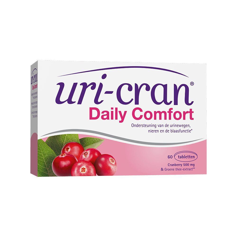 Seitenansicht einer Packung Uri-Cran Daily Comfort. Zeigt Cranberries und Textinformationen.