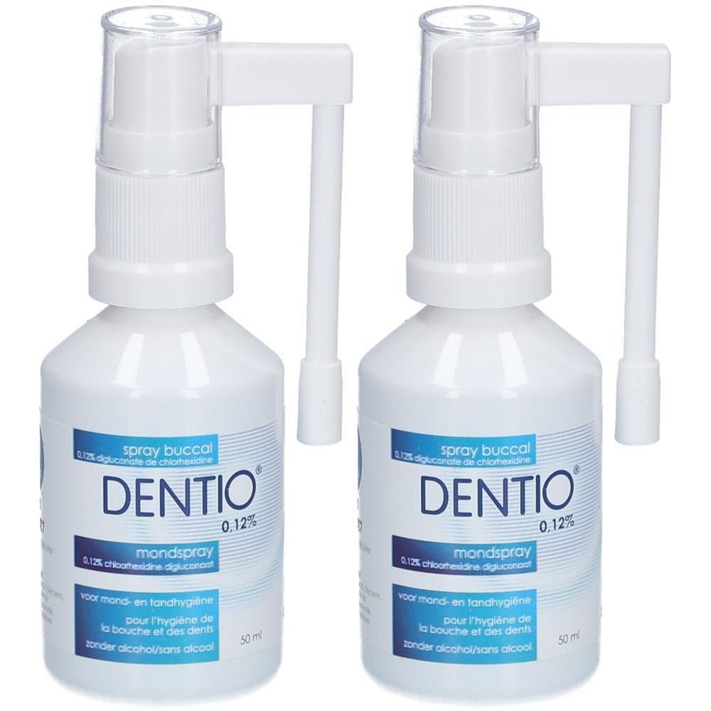 Zwei weiße Sprühflaschen Dentio® 0,12% Mundspray mit Applikator.