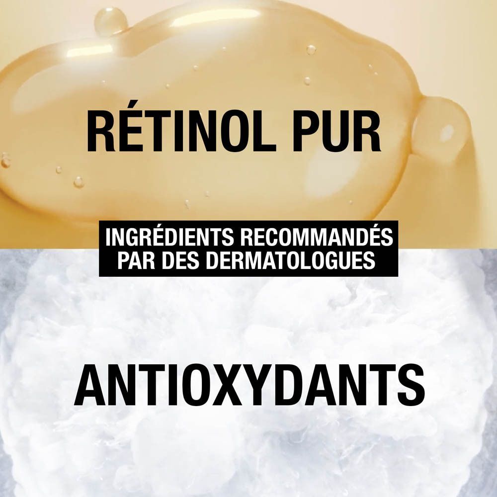 Gros plan d'une couche de peau avec l'inscription 'Rétinol pur'. En dessous 'Ingrédients recommandés par des dermatologues'.