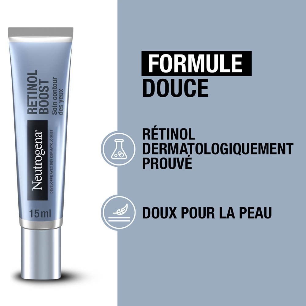 Un tube de crème contour des yeux et texte sur formule douce, rétinol prouvé dermatologiquement et douceur pour la peau.