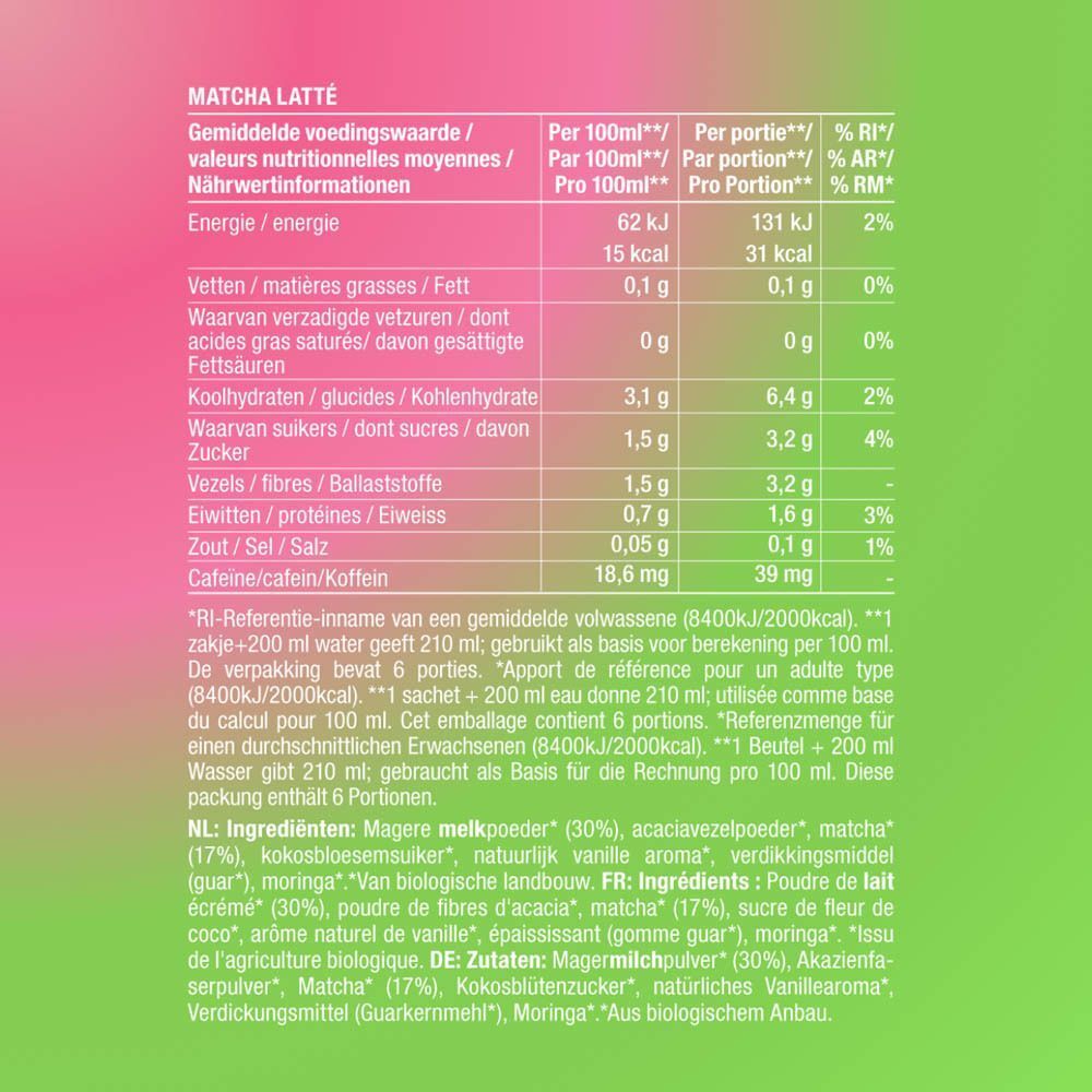 Purasana Matcha Latte Bio: Zutatenliste und Nährwertangaben auf Deutsch.
