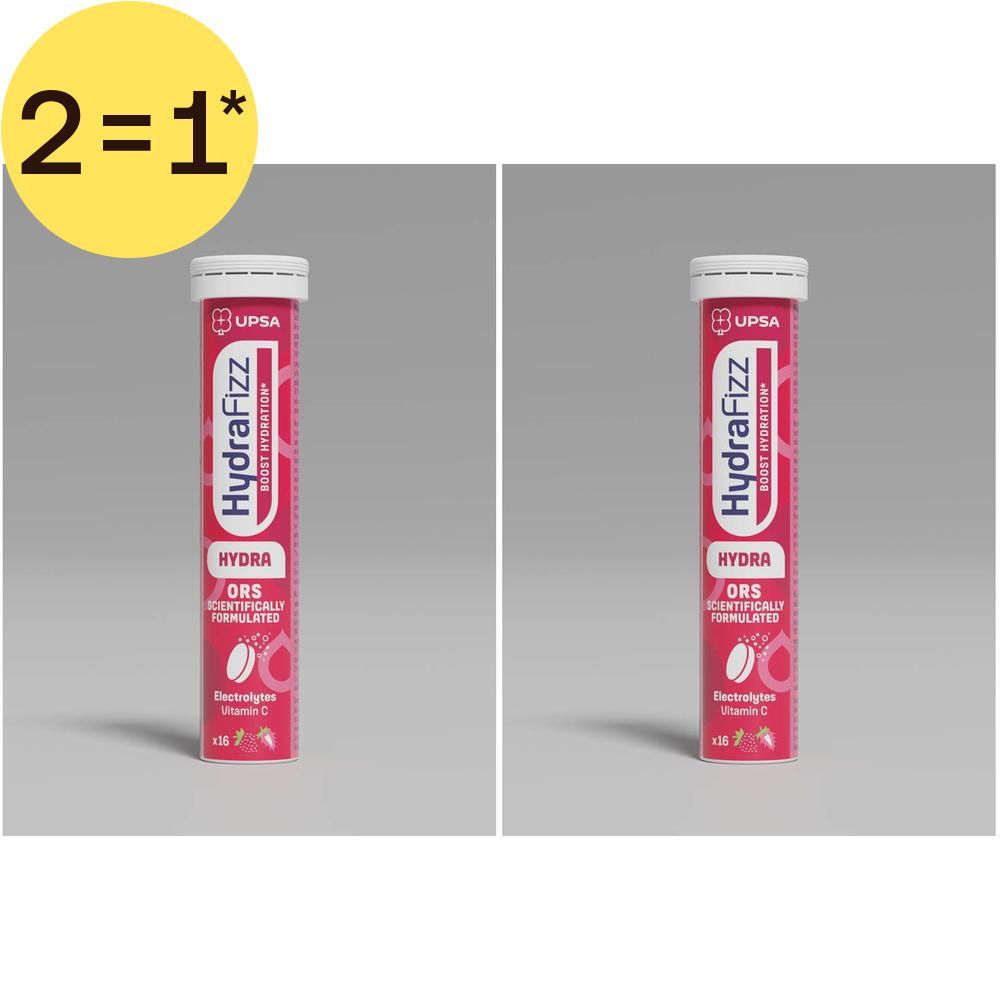 Deux tubes de comprimés effervescents UPSA Hydrafizz Hydra ORS avec électrolytes et vitamine C.