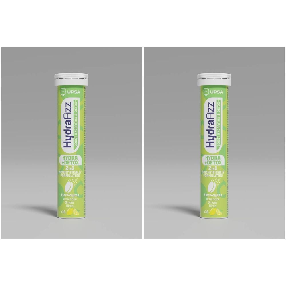 Deux tubes de comprimés effervescents UPSA Hydrafizz Hydra+Detox saveur citron-lime.