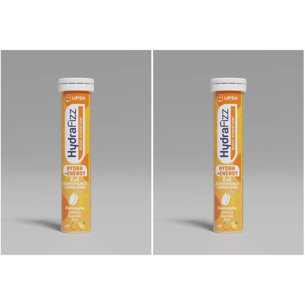 Zwei Röhren UPSA Hydrafizz Hydra+Energie Brausetabletten. Orangefarbene Verpackung mit weißem Deckel.