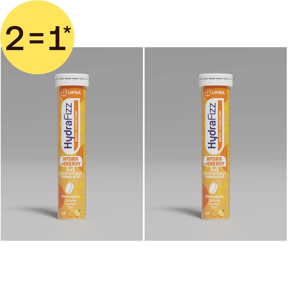 Deux tubes de comprimés effervescents UPSA Hydrafizz Hydra+Energie. Emballage orange avec bouchon blanc.