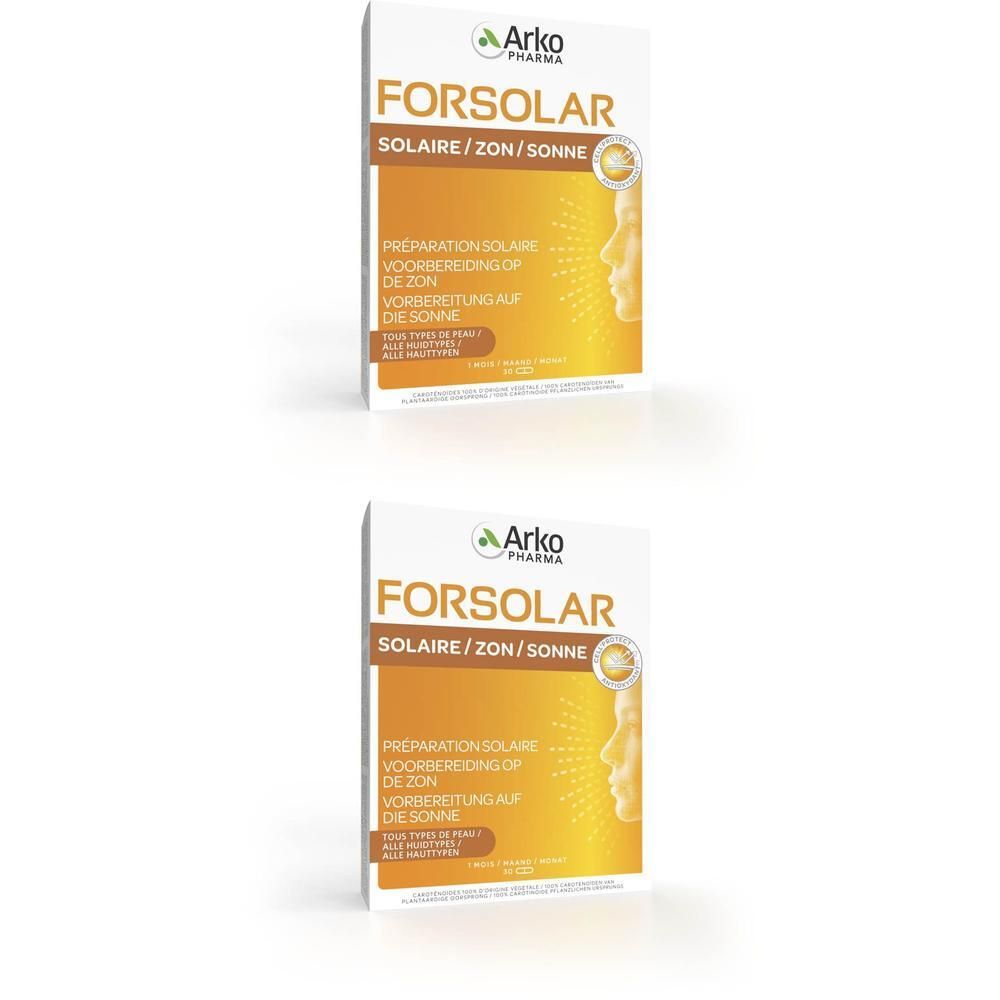 Zwei Packungen ArkoPharma Forsolar Solaire/Zon/Sonne. Kartonverpackung mit Produktinformationen und einem stilisierten Gesicht.