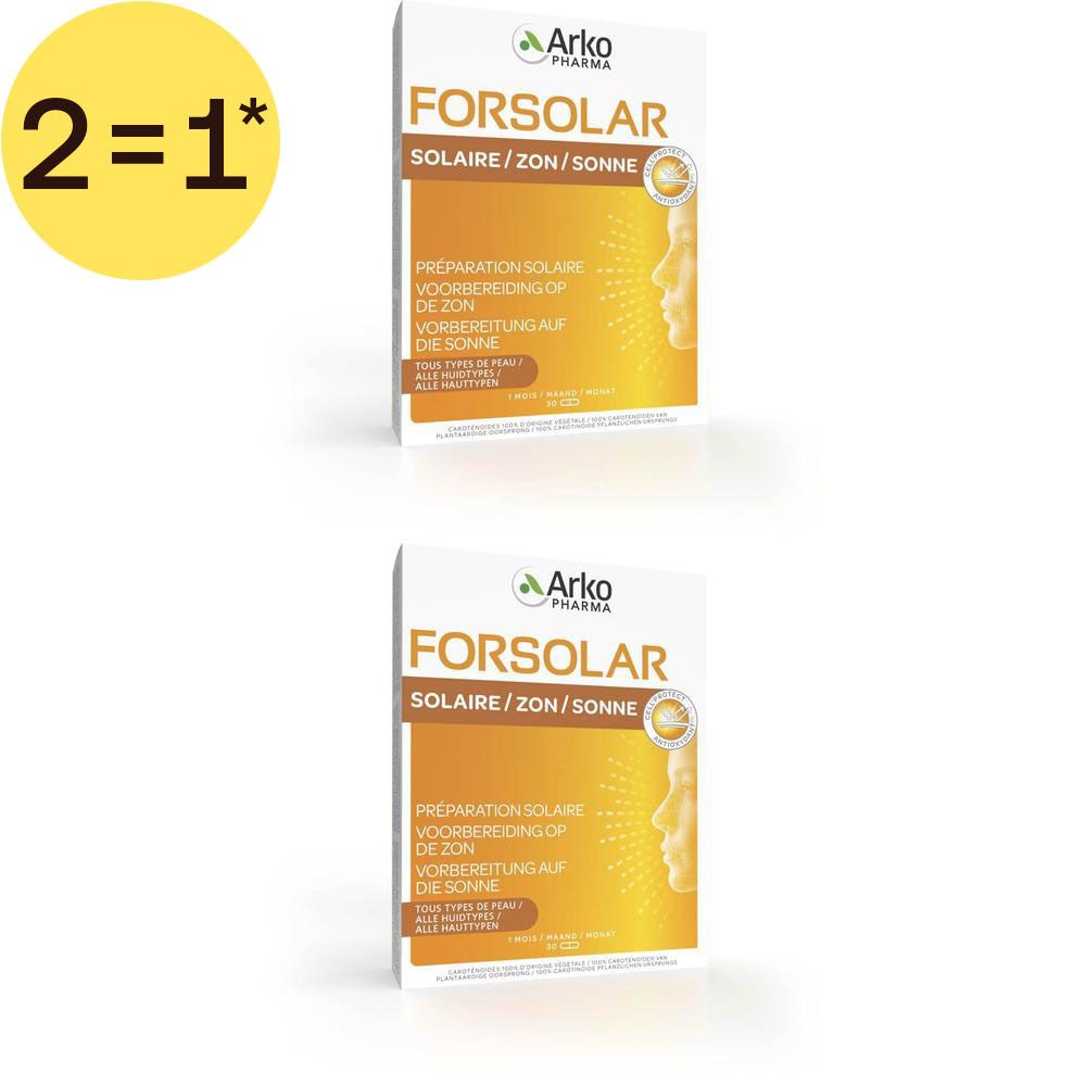 Deux paquets ArkoPharma Forsolar Solaire/Zon/Sonne. Boîte en carton avec informations produit et un visage stylisé.