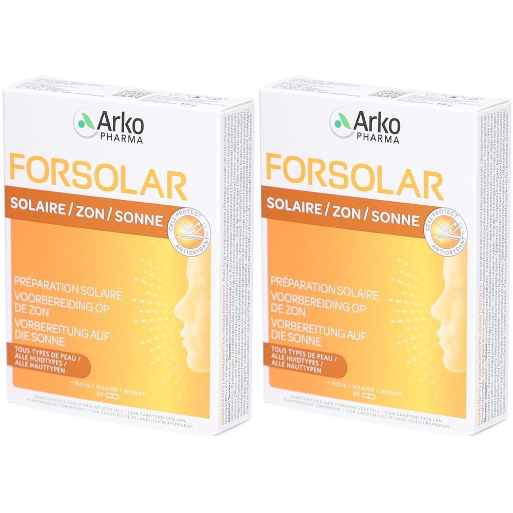 Deux boîtes de crème solaire ArkoPharma Forsolar. Boîtes blanches avec un design orange et des profils de visages.